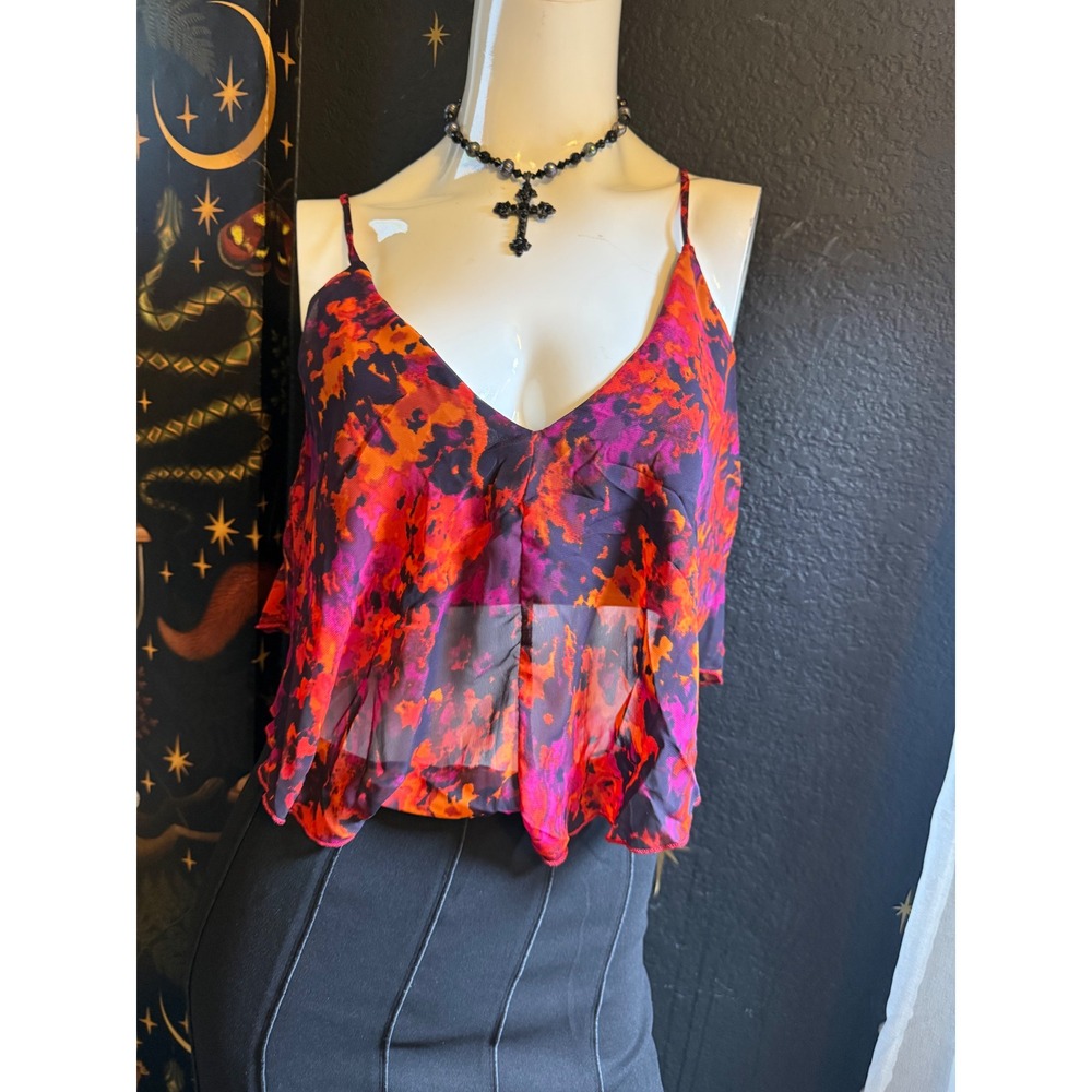 Ali & Kris Women Orange Purple Abstract Floral Ruffle Crop Cami Top L CP2697AK